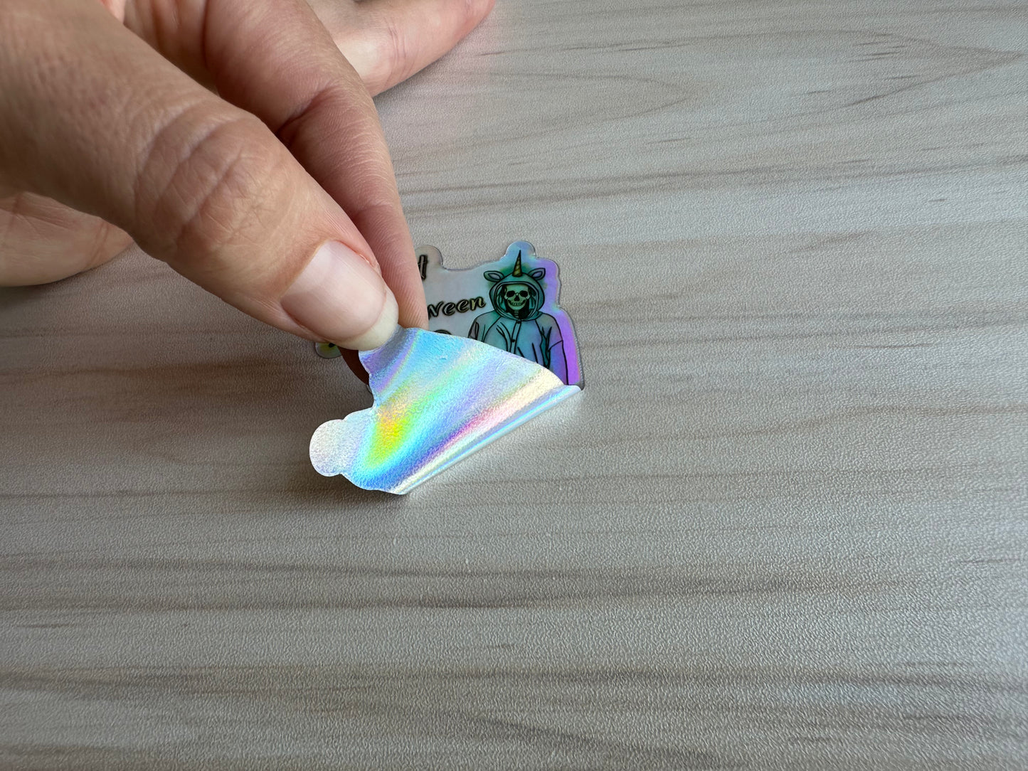 Holographic Halloween Skeleton Sticker, Skeleton in a Unicorn Costume, ‘Is it Halloween yet’ Vinyl Decal