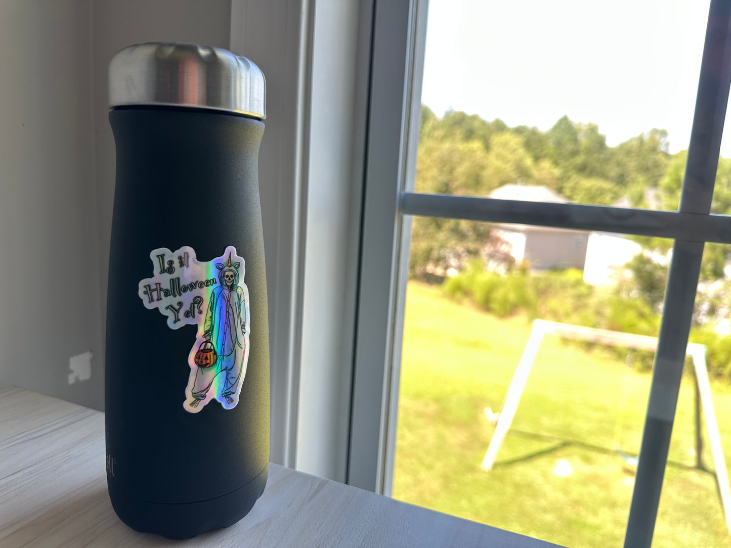 Holographic Halloween Skeleton Sticker, Skeleton in a Unicorn Costume, ‘Is it Halloween yet’ Vinyl Decal