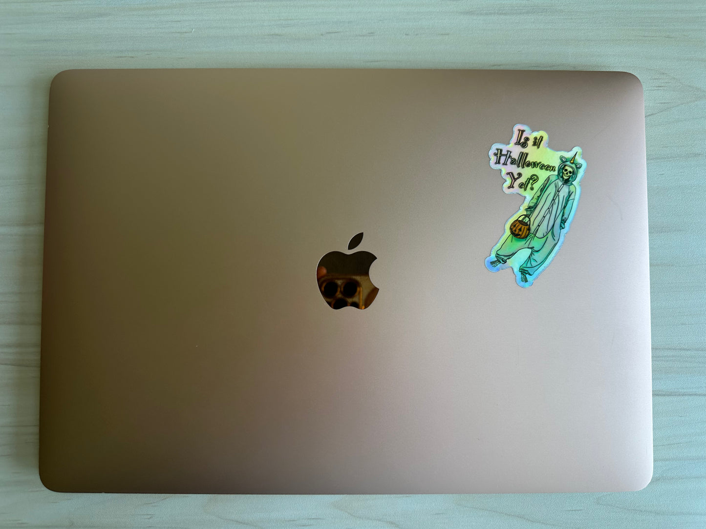 Holographic Halloween Skeleton Sticker, Skeleton in a Unicorn Costume, ‘Is it Halloween yet’ Vinyl Decal