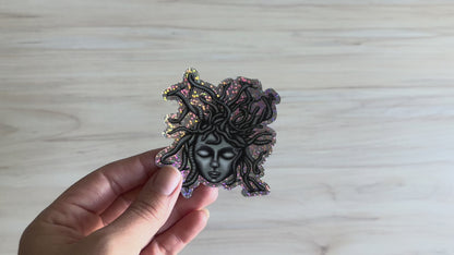 Medusa Glitter Sticker, Greek Mythology Vinyl Decal, Black and Silver Sticker, Snake Hair