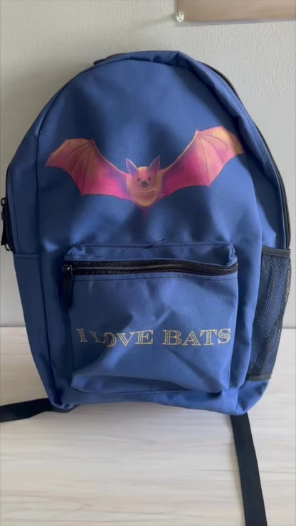 I Love Bats Backpack, Navy Blue Canvas Backpack, Blue Bat Backpack