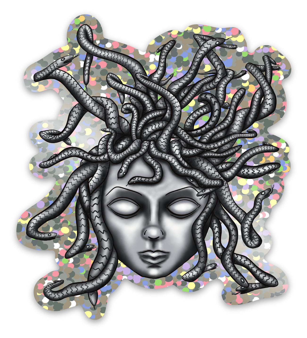 Medusa Glitter Sticker, Greek Mythology Vinyl Decal, Black and Silver Sticker, Snake Hair