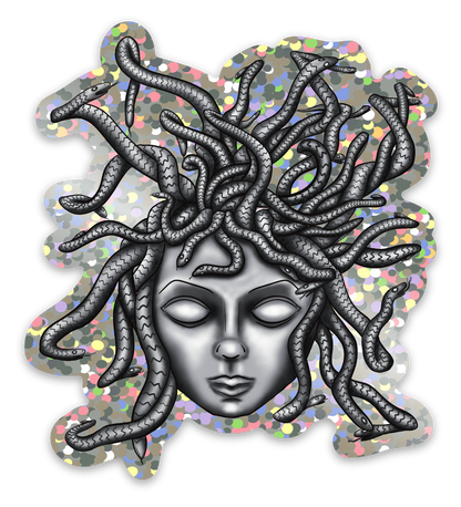 Medusa Glitter Sticker, Greek Mythology Vinyl Decal, Black and Silver Sticker, Snake Hair